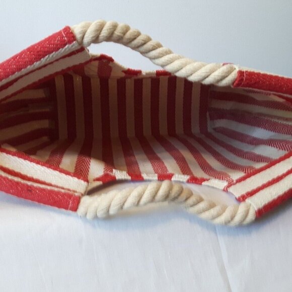 RED WHITE striped canvas BEACH tote NAUTICAL rope handles footprint sand bag - Picture 5 of 5